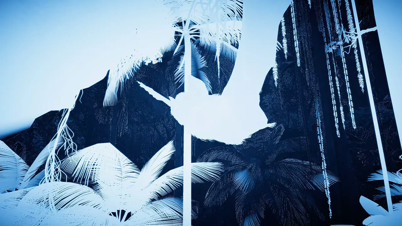 Digital artwork in the style of an abstract illustration: A dense rainforest is depicted in blue and white contrasts, featuring palm trees, hanging vines, and lush vegetation. At the center, the silhouette of a flying bat stands out clearly against the background, giving the scene a mysterious and immersive quality.