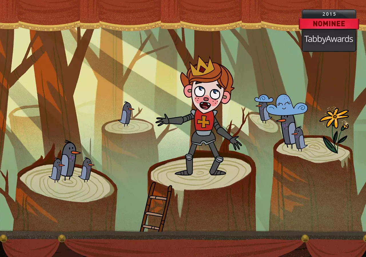 Colorful illustration of a theater scene in a forest: A boy wearing a crown and knight’s armor stands on a tree stump, holding his arms out in surprise. Around him, small birds perch on other stumps, next to a smiling blue cloud, a yellow flower, and a ladder. The background shows stylized tree trunks in warm tones. At the top right, a “TabbyAwards 2015 Nominee” badge is displayed.