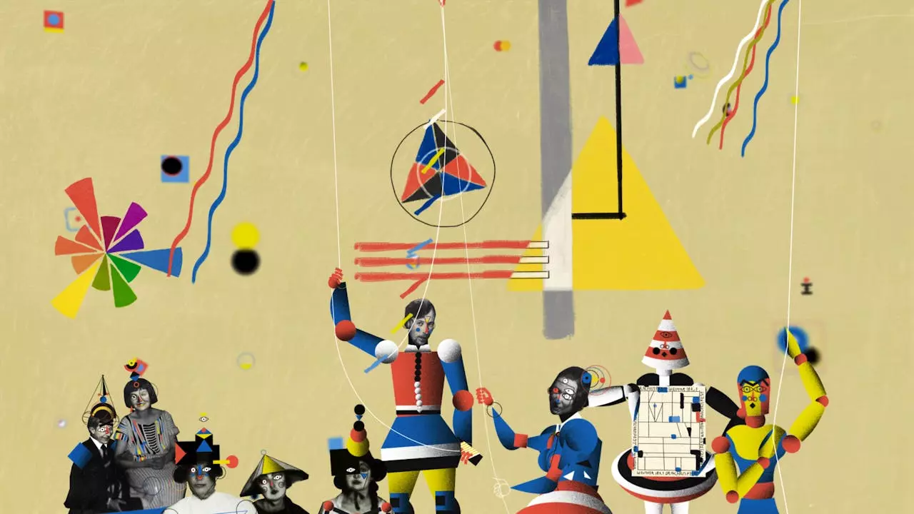 The image shows a surreal scene on a beige background. Several puppet-like figures in brightly colored costumes with black-and-white faces stand side by side. Around them float colorful geometric elements such as circles, triangles, lines, and a color wheel. In the lower left, black-and-white portraits of people are combined with graphic, colorful headpieces.