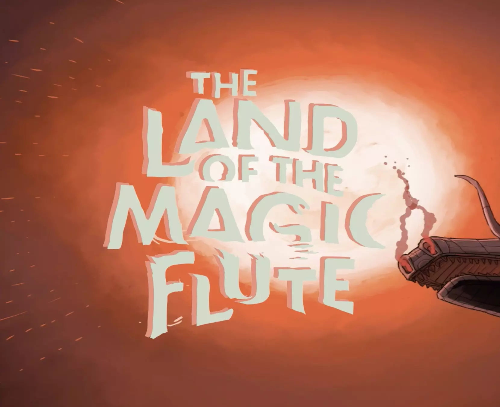 Illustration mit einem orange-roten Hintergrund: Vor einer leuchtenden Sonne steht der Schriftzug „The Land of the Magic Flute“ in stilisierten, hellgrünen Buchstaben. Rechts unten ist ein Teil eines dunklen Schlangen- oder Drachenkopfes mit geöffnetem Maul zu sehen.
