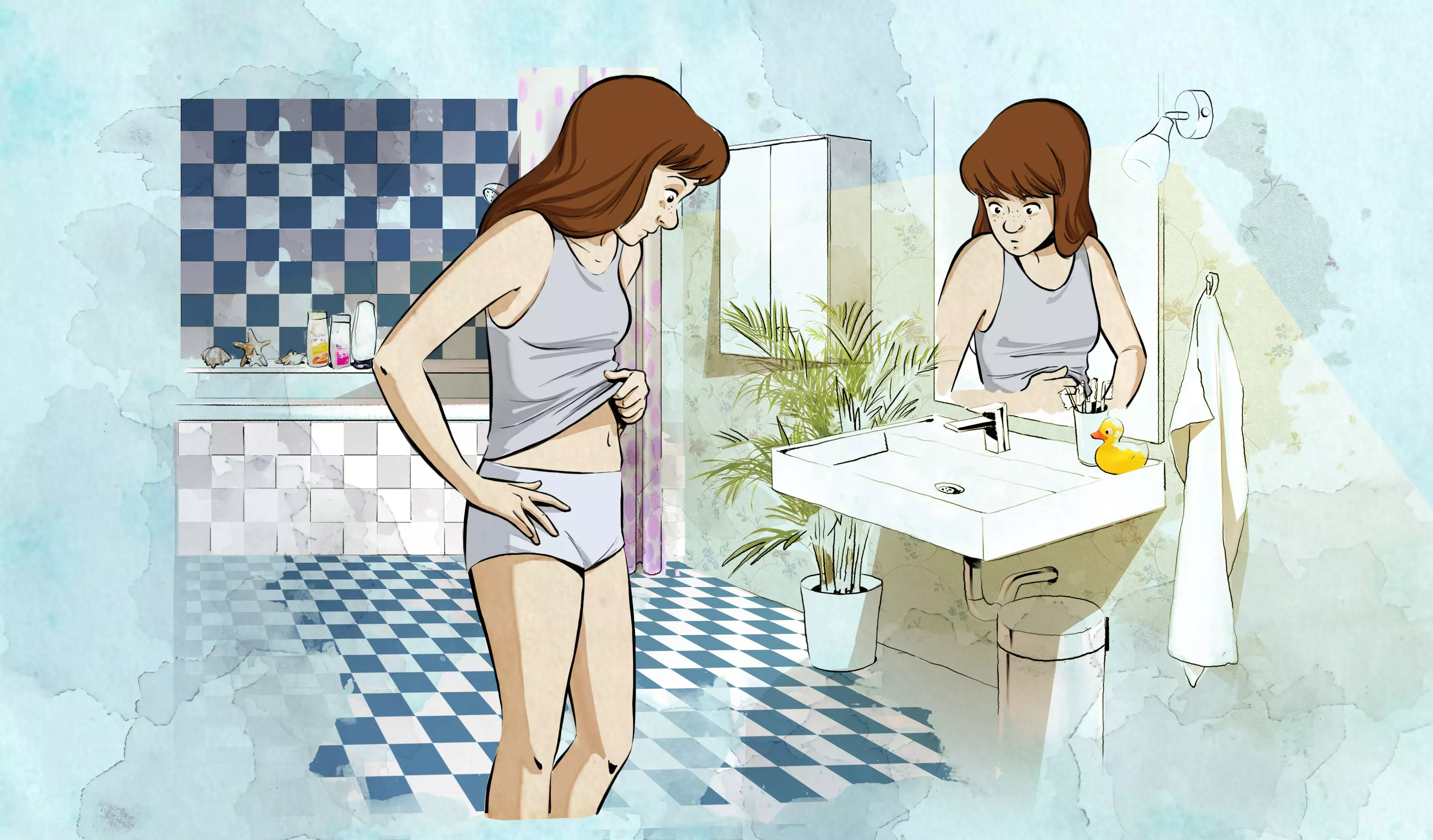 Illustration of a young woman in underwear standing in a bathroom, looking thoughtfully at her stomach in the mirror.