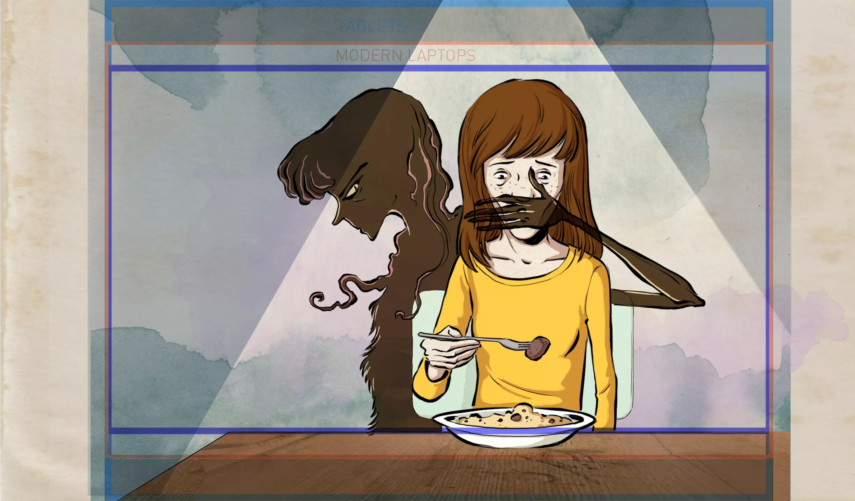 Illustration of a girl in a yellow top sitting at a table, holding a spoonful of food. Behind her, a dark, menacing silhouette appears, covering her mouth with a hand.