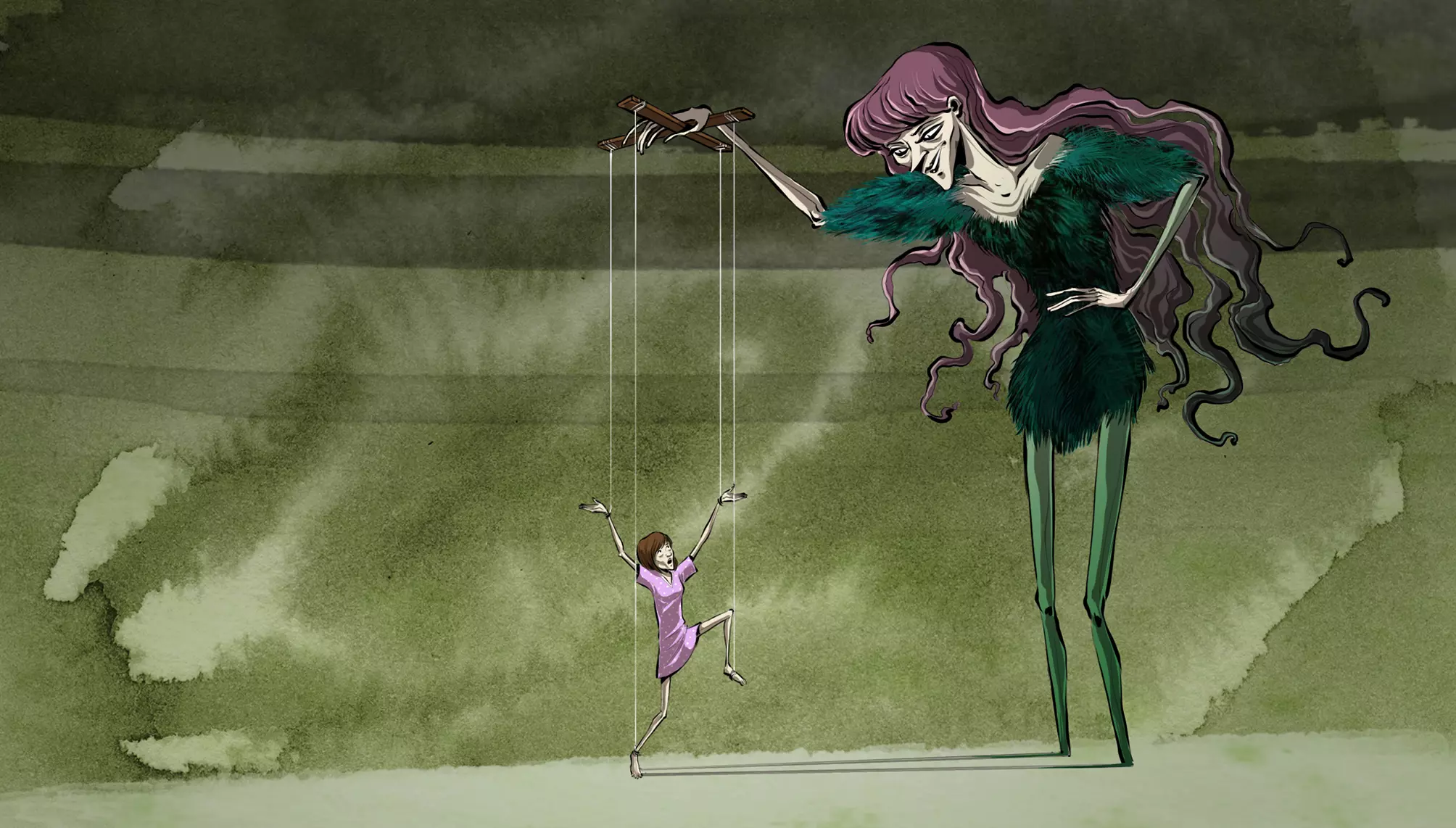 Illustration of an oversized, menacing woman with long hair and a green dress, controlling a marionette. The puppet is an emaciated girl in a pink dress, hanging on strings and moving helplessly.