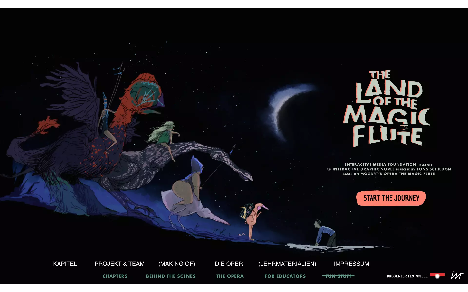 Illustration aus dem Projekt The Land of the Magic Flute: Fantasievolle Figuren reiten auf mythischen Kreaturen durch eine nächtliche Landschaft unter einem Sternenhimmel mit Sichelmond. Rechts im Bild der Titel „The Land of the Magic Flute“ sowie ein Button mit der Aufschrift „Start the Journey“.