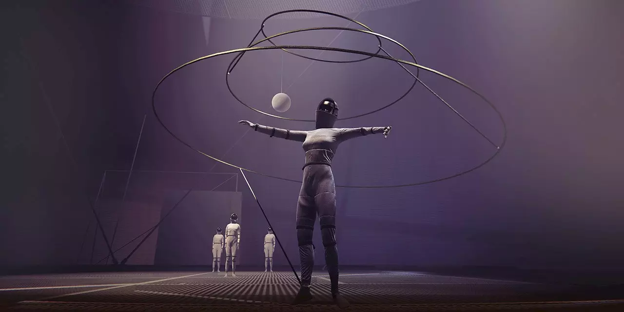 Dance Machine – Scene: A figure in a futuristic suit with helmet stands in the center, surrounded by large rotating rings. In the background, more figures in similar outfits are visible, with a sphere floating above.