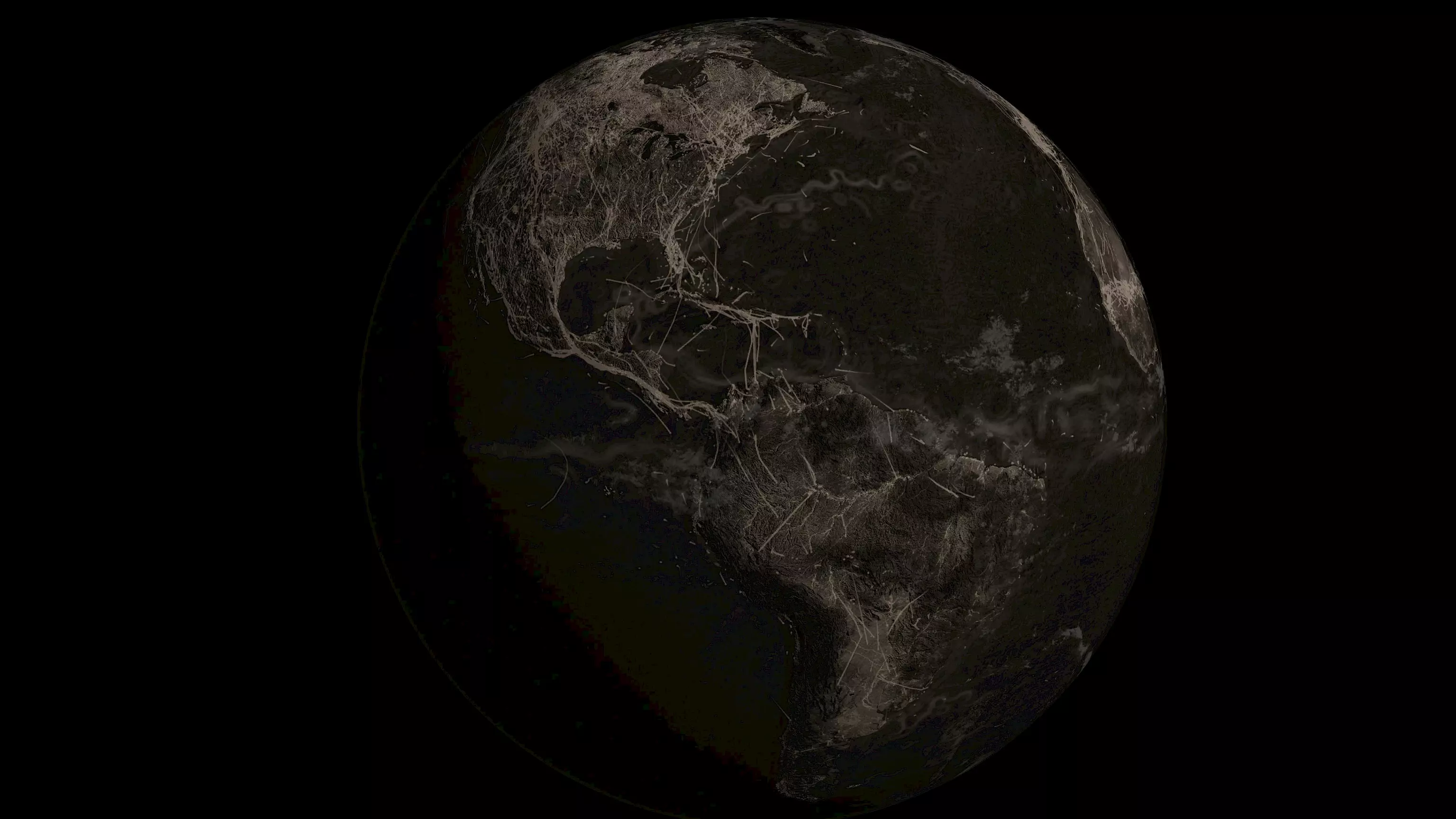 Visualization of Earth focused on the American continents, overlaid with fine bright lines representing global migration or movement routes. The background is entirely black, highlighting the structures on the planet’s surface.
