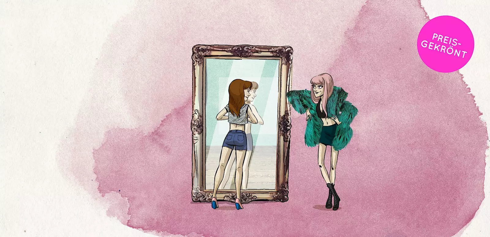 Illustration of a girl looking at herself in a large mirror. Next to her stands a confident-looking woman with pink hair, a short skirt, a crop top, and a green fur jacket. The scene symbolizes the influence of beauty ideals and self-image. In the top right corner, a pink circle displays the text “AWARD-WINNING.”