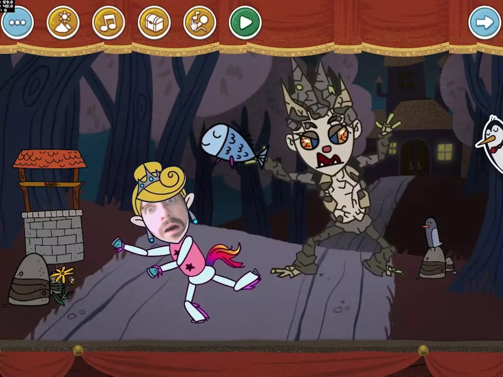 Screenshot of a colorful cartoon-style game with a theater backdrop. On the left, a comic character in pink princess clothing with a human photo face is running, while on the right a monster with bark-like skin and a crown holds a fish. In the background, there is a dark forest with a house, a well, animals, and a ghost.
