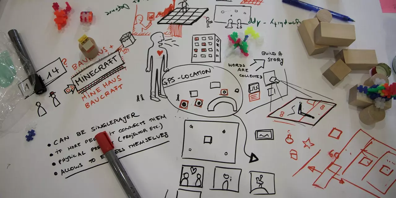 A whiteboard or large sheet of paper is covered with sketches, drawings, and notes illustrating ideas for a Minecraft project. Figures, buildings, maps, and keywords such as “GPS-Location” and “Build a Story” can be seen. Around it lie colorful building blocks, wooden cubes, and pens.