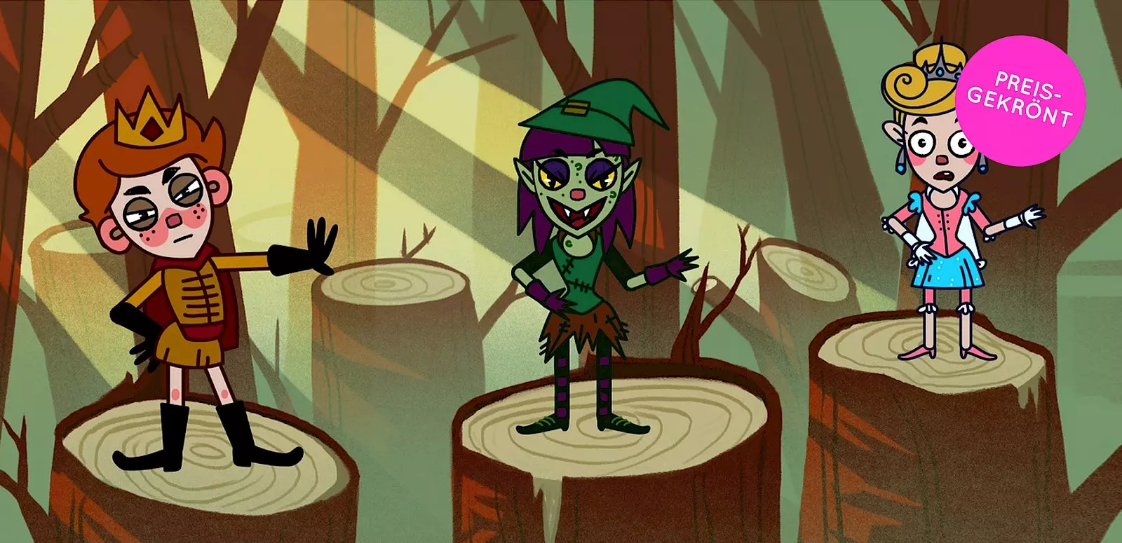 Illustration of a comic-style theater scene: Three characters stand on large tree stumps in a forest. On the left, a boy with a crown and red cape, in the middle a green-clad witch with pointed ears and fangs, and on the right a princess in a blue and pink dress with a surprised expression. A pink circle in the top right corner reads “Award-winning.”