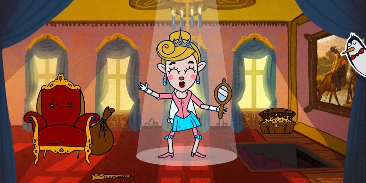 Illustration of a princess character with blonde updo and crown, standing in the spotlight in a lavish room. She wears a pink and blue dress, holds a hand mirror, and sings with closed eyes. On the left is a red throne chair with a sack beside it, on the right a treasure chest filled with gold. Blue curtains and a painting decorate the background, and a flute lies at the bottom of the scene.