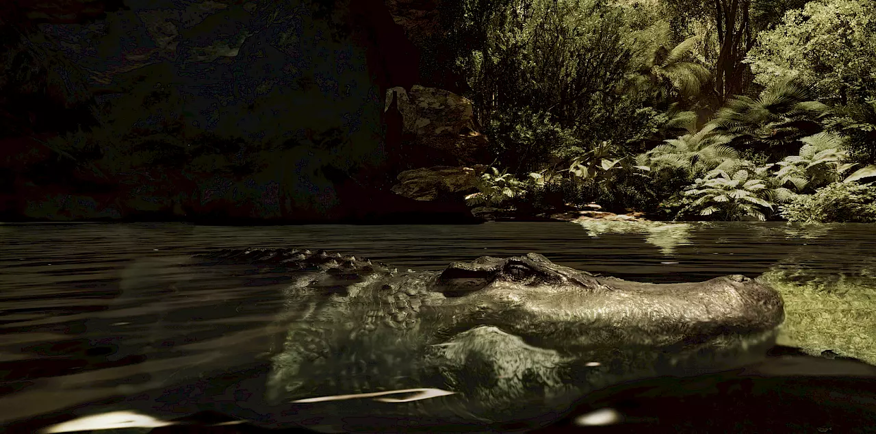 The image shows a caiman, almost completely hidden beneath the water’s surface. Only its head and part of its back are visible above the water. The scene is set in a dense rainforest, with lush green vegetation lining the riverbank. The water reflects the surroundings, creating a mysterious and slightly menacing atmosphere.